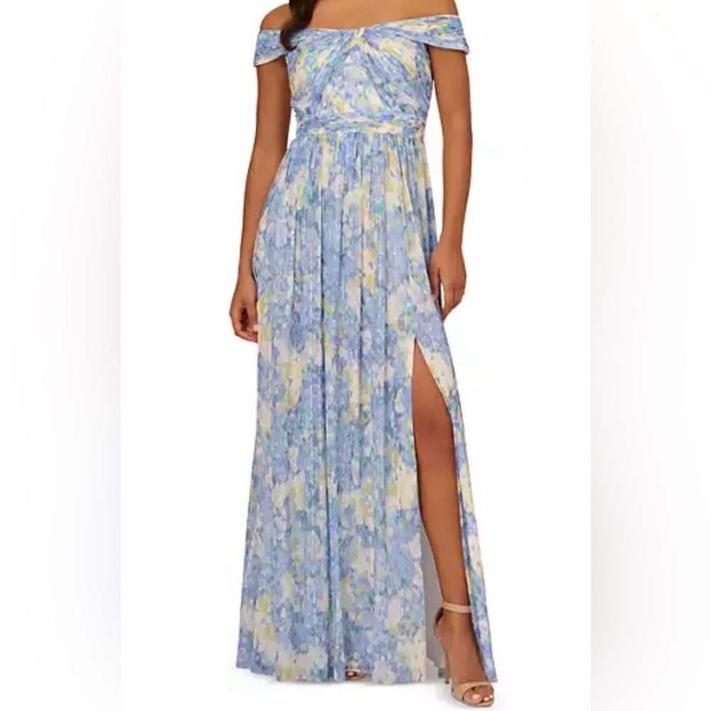 Adrianna Papell Pleated Off the Shoulder Chiffon Gown - Blue Multi